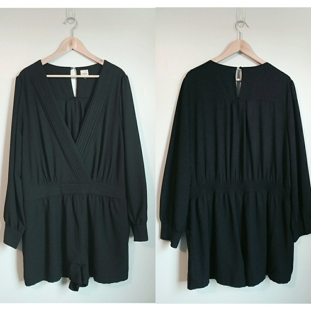 Black VNeck Long-Sleeve Shorts Romper with pockets